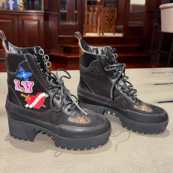 Louis Vuitton Women's Black Embellished Combat Boots. - Picture 1 of 5